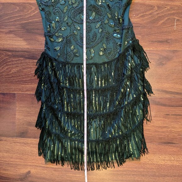NWT 12th TRIBE Embroidered Mini Dress Small Green Sequins Fringe Flapper Tank - Picture 13 of 14